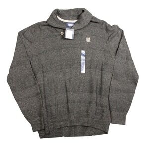 Chaps Mens Shawl Collar Sweater Charcoal Heather Grey Button Neck‎ Crest Logo L